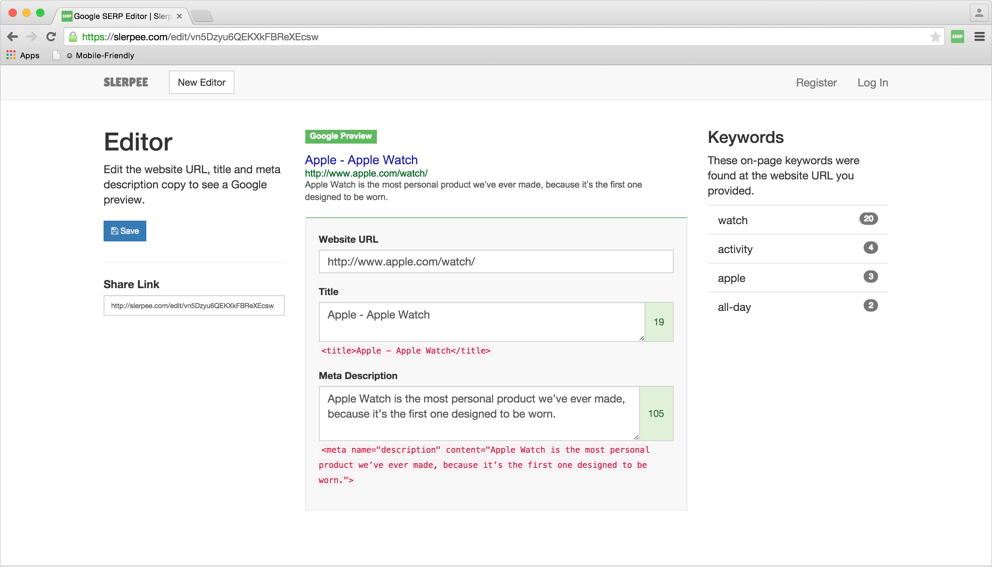 Slerpee SERP Preview Editor Screenshot